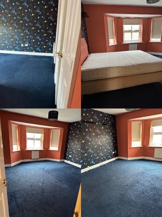 End of tenancy clearance — bedroom before and after Before and after end-of-tenancy clearance showing a furnished bedroom emptied and left clean and ready for inspection