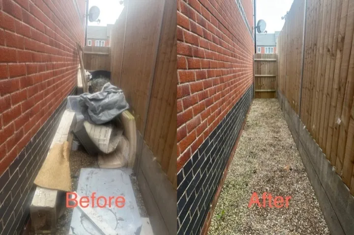 House clearance — alleyway before and after Before and after house clearance showing a cluttered side alleyway cleared to a tidy gravel path