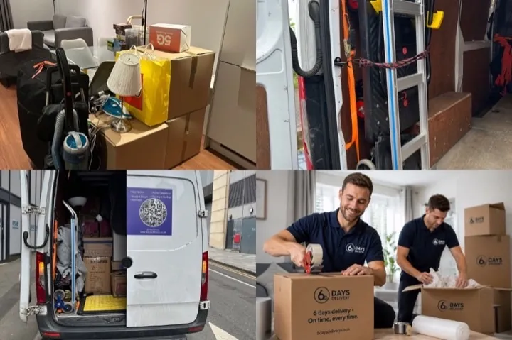 Packing services — branded crew packing boxes 6 Days Logistics packing crew sealing branded moving boxes with tape and packing paper during a professional UK packing service
