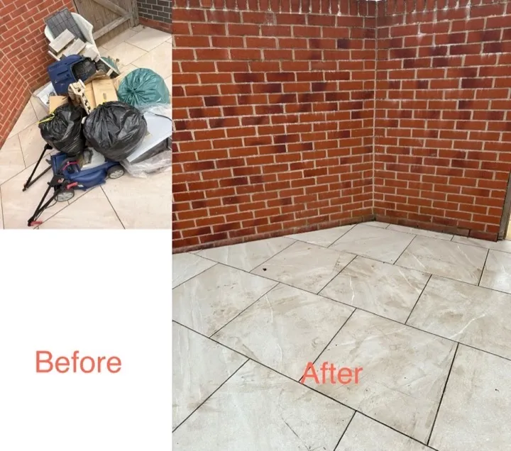 Before and after probate clearance showing a patio corner cleared of bin bags, garden equipment, and household waste